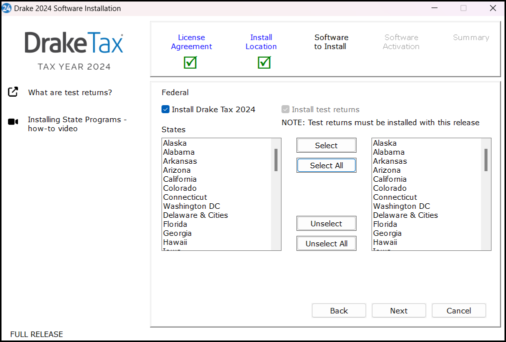 Verify program selection and select states.